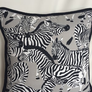 Decorative Pillow in a Zebra Print with Gray Background and Contrast Black Cording, Indoor or Outdoor Fabric, Animal Print Pillow
