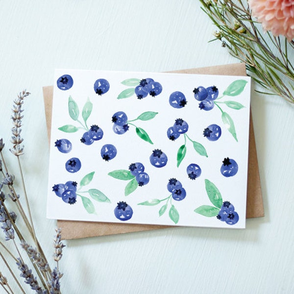 Blueberry Card/ Blank Inside Notecard/ Card with stamp/ Watercolor Card/