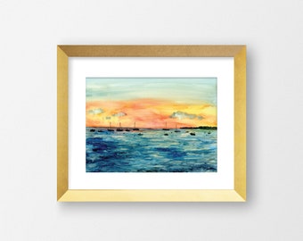 Harbor at Sunset - Watercolor Print (5x7 or 8x10)