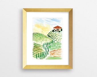 Tuscan Hillside - Watercolor Print (5x7) | Italy Painting Watercolor