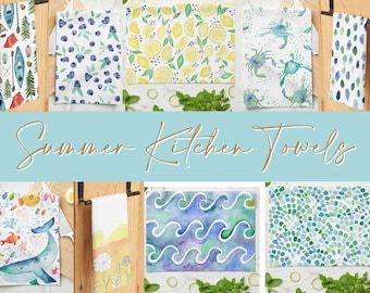 Summer Watercolor Kitchen Towel - Waffle Weave Microfiber Dish Towel - Tea Towel - Gift Idea