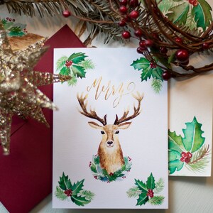 Deer Christmas Card/ Watercolor Christmas Card/ Holiday Card/ / Deer Card /by Printed Water
