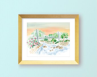Liberty Bridge Falls Park Greenville SC- Watercolor Print