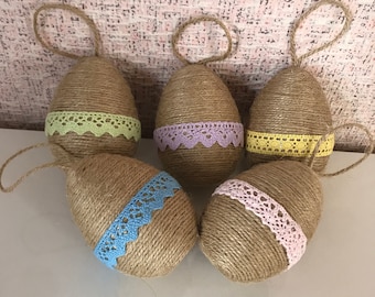 Rustic jute twine Easter egg ornaments Easter vase filler Set of 5 pastel lace eggs