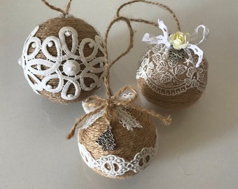 Set of 3 twine and lace Christmas ornaments for rustic farmhouse Christmas decor