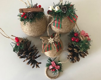 Rustic Christmas ornament set for farmhouse decor Country home decoration Pine cone and red berry ornament