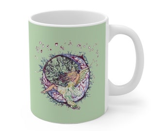 Fairy Celtic Coffee Mug Fairy Moon Fairycore Batik Design Sage Green Batik Gift Cottagecore Tea Mug