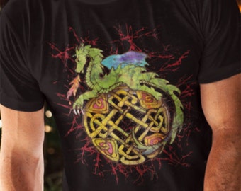 Dragon on Celtic Knot Batik T-Shirt Irish Scotland Mystical Fantasy Alt