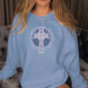 Celtic Cross Shirt Batik Shirt Cross Crewneck Sweatshirt Christian Shirt Grunge Distressed Cottagecore Clothing Aesthetic Clothing Fairycore image 1