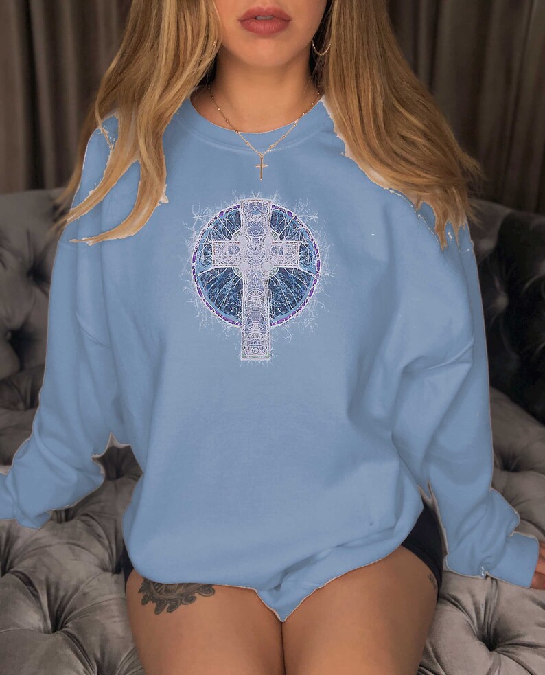 Celtic Cross Shirt Batik Shirt Cross Crewneck Sweatshirt Christian Shirt Grunge Distressed Cottagecore Clothing Aesthetic Clothing Fairycore image 1