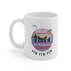 Funny Cat Mug Pew Pew Striped Retro Gift Ceramic Coffee Mug Tea Retro Design Hippie Grunge Batik Vintage Look image 3