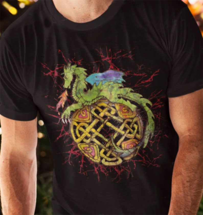 Dragon on Celtic Knot Batik T-Shirt Irish Scotland Mystical Fantasy Alt image 1