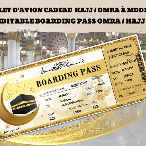 billet avion hajj, billet modifiable , cadeau hajj, cadeau musulman, airplane ticket mecca, cadeau omra, mecque, voyage mecca, muslim gift