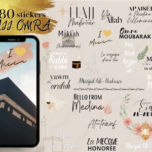 Peut inclure: Une illustration numérique d'autocollants sur le thème islamique. Les autocollants présentent du texte en arabe et en anglais, notamment "Hajj Mabrour", "Ya Allah", "Omra Moubarak", "Mecca", "Masjid Al-Nabawi", "Hello from Medina", "Al-Tawaf", "La Mecque Honoree", et "Happy Eid Al-Adha".