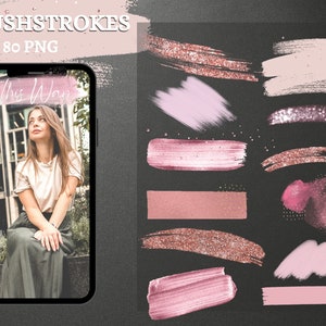 以下が含まれることがあります： ピンク、ローズゴールド、ホワイトの80個のデジタルブラシストロークグラフィックのコレクション。グラフィックはさまざまな形とサイズで、デザインにエレガントなタッチを加えるのに最適です。