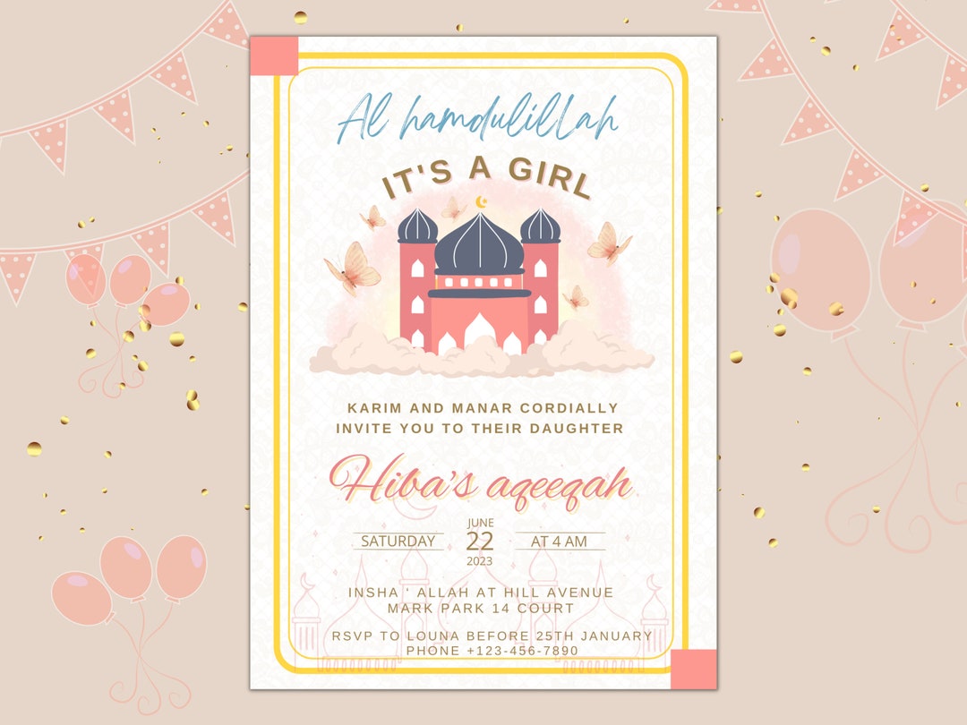 Aqiqah Celebration, Aqeeqah Invitation, Editable, Muslim Party, Aqiqah