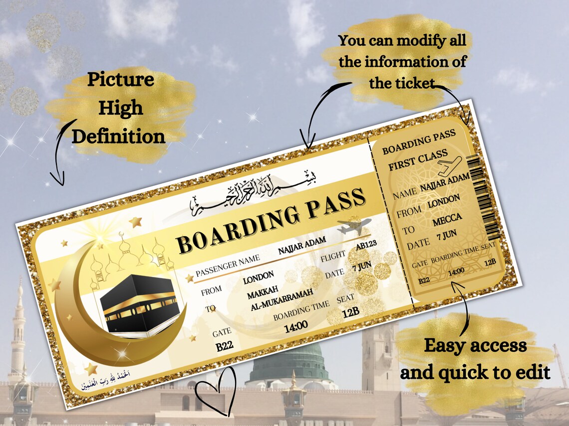 Billet avion hajj, billet modifiable , cadeau hajj, cadeau musulman, airplane ticket mecca