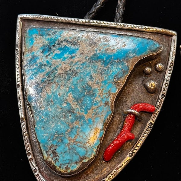 Extra Large Vintage Bolo Tie, Turquoise and Real Coral