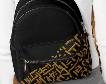 Zaino casual artistico in pelle vegana color oro e nero con motivo dorato unico, zaino casual, borsa per tutti i giorni, regalo contemporaneo unico