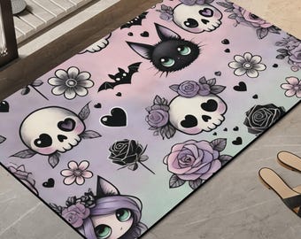 Tappetino da bagno Kawaii Pastel Goth – Tappeto antiscivolo Kawaii Cat & Rose / Zerbino in diatomea ad asciugatura rapida per bagno e arredamento per la casa