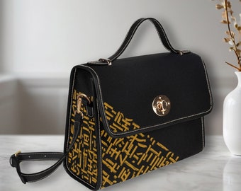 Elegante borsa nera con motivo geometrico ispirato alla calligrafia dorata, borsa a tracolla in tela di alta qualità per donna, borsa quadrata, regalo per lei