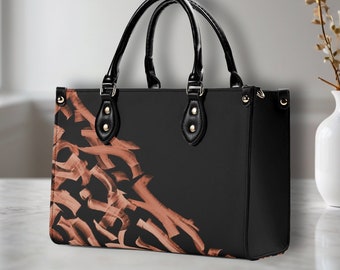 Elegante borsa nera con motivo astratto in terracotta – Borsa a tracolla alla moda in pelle PU per donna Borsa a mano quadrata, regalo per lei
