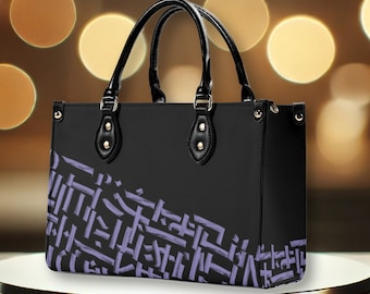 Borsa a mano nera e viola con design calligrafico geometrico - Elegante borsa a tracolla in pelle PU con tracolla regolabile, elegante borsa quadrata regalo unico