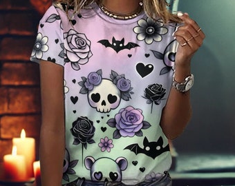 Maglietta Kawaii Goth, T-shirt Whimsical Creepy, T-shirt Pastel Goth Kawaii Aesthetics. Regalo carino da strega, T-shirt 100% cotone, regalo gotico
