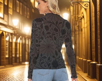 Top in rete gotica con ragnatela, camicetta nera con motivo floreale burnout, camicia trasparente a maniche lunghe con rose e ragnatele, abbigliamento gotico di moda alternativa
