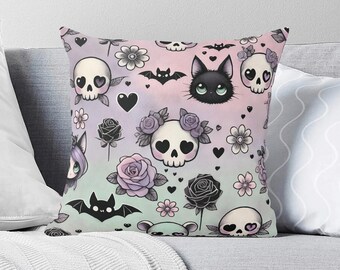 Federa per cuscino con teschio pastello kawaii goth – Cuscino decorativo con gatti, pipistrelli e rose per arredamento alternativo, 45x45 cm