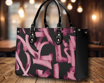 Borsa a mano rosa con pennellate astratte, borsa in pelle PU nera, borsa a tracolla moderna artistica, borsa a tracolla con arte astratta, regalo per lei, borsa carina