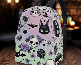 Zaino pastello carino gotico kawaii con gatto nero, teschi, pipistrelli e rose – Moda alternativa kawaii per amanti dell'estetica spettrale e stravagante