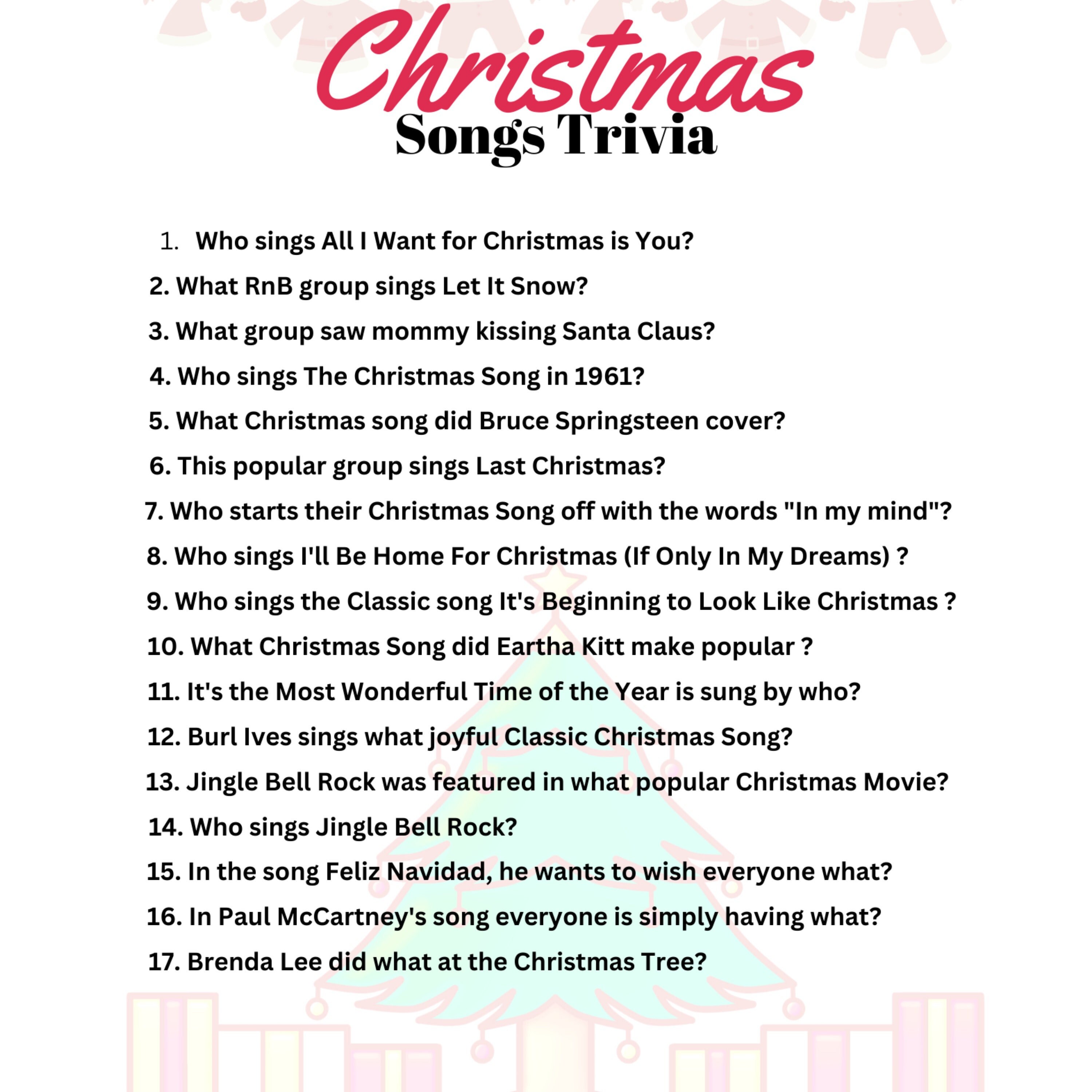 Christmas Songs Trivia Printable, Christmas Trivia, Party Questionnaire