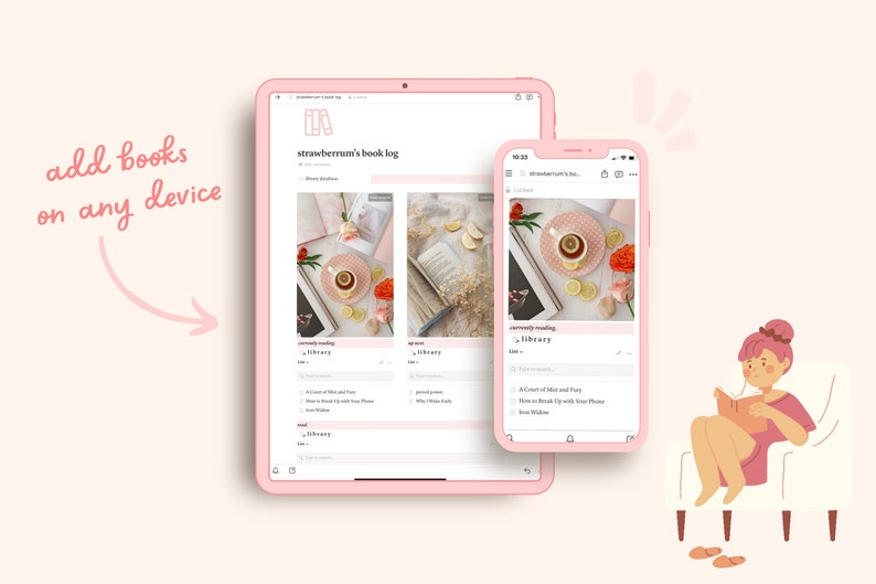 以下が含まれることがあります： タブレットとスマートフォンで表示されたウェブサイトのスクリーンショットで、ピンクと白のカラーテーマのブックログが表示されています。ウェブサイトの名前は「strawberrynut's book log」で、読むべき本、現在読んでいる本、読んだ本のリストが表示されています。ウェブサイトはタブレットとスマートフォンで表示されており、複数のデバイスでアクセスできることを示しています。