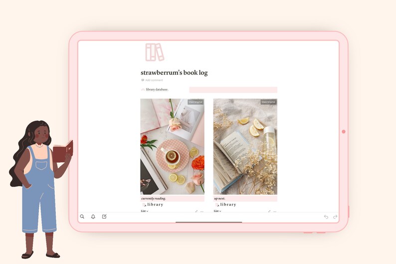 以下が含まれることがあります： 「strawberryrum's book log」というウェブサイトのスクリーンショットで、本、お茶、花の写真が2枚あります。 「currently reading」と「up next」というテキストが表示されています。
