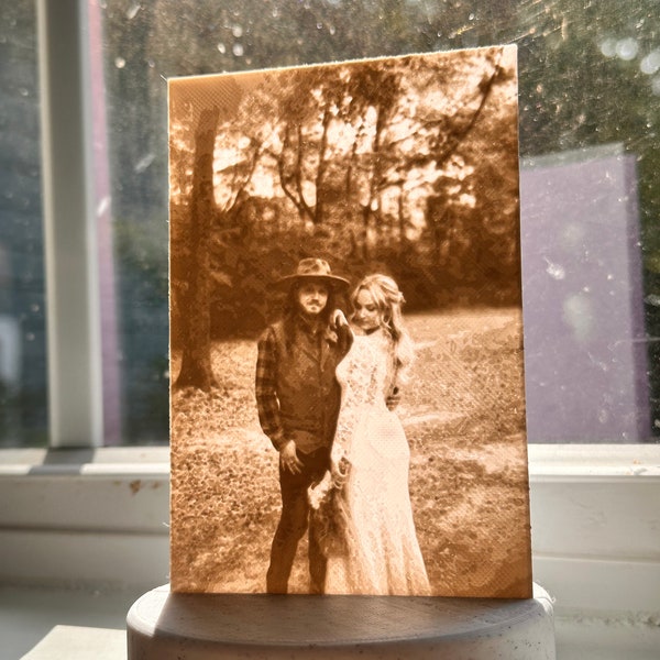 Unique 3D printed portrait with display stand. Lithophane, backlit photo. Your choice of photo.