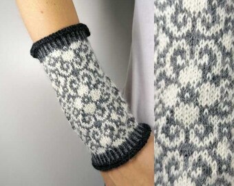 JÖRDIS alpaga gris laine anthracite poignets blancs poignets chauds pulse réchauffé tricoté motif norvégien Cadeau femme de haute qualité