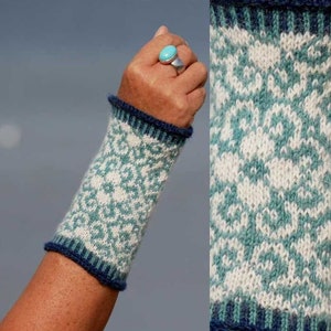 JÖRDIS alpaca mint light turquoise wool white cuffs warm cuffs wrist warmers knitted Norwegian pattern gift woman high quality