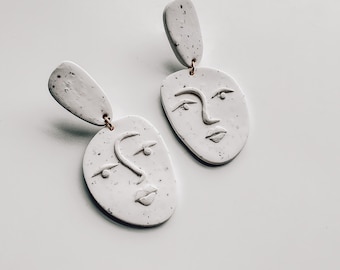 Faces Earrings | Handmade Polymer Clay Earrings | Nickel Free Hypoallergenic | Speckled White