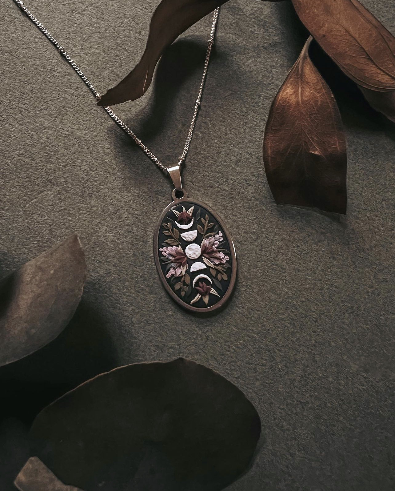 Botanical Moon Phase Pendant Necklace | Floral | Handmade Polymer Clay