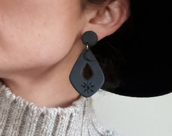 Black Polymer Clay Earrings | Sun and Moon | Modern Statement Earrings | Handmade | Nickle Free