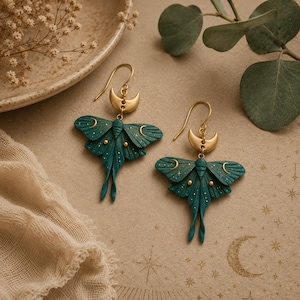 Cosmic Moth Earrings | Celestial Polymer Clay Earrings | Customizable | Crescent Moon Earrings | Luna Moth Jewelry | Nature Inspired Gift