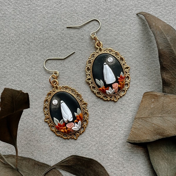 Sheet Ghost Earrings | Floral | Gold Framed Bezel | Handmade Polymer Clay Earrings | Nickel Free Hypoallergenic