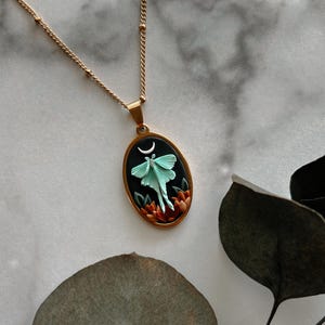 Luna Moth Pendant Necklace | Moth and the Moon Necklace | Handmade Polymer Clay