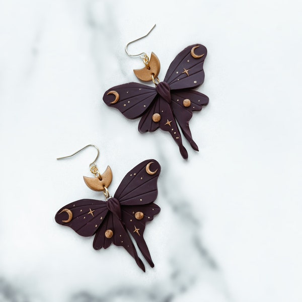 Boucles d'oreilles papillon | Violet foncé et or | 2 tailles | Boucles d'oreilles faites main en pâte polymère | Sans nickel Hypoallergénique