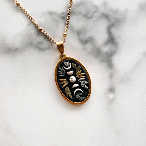 Botanical Moon Phase | Pendant | Necklace | Handmade Polymer Clay | Gold