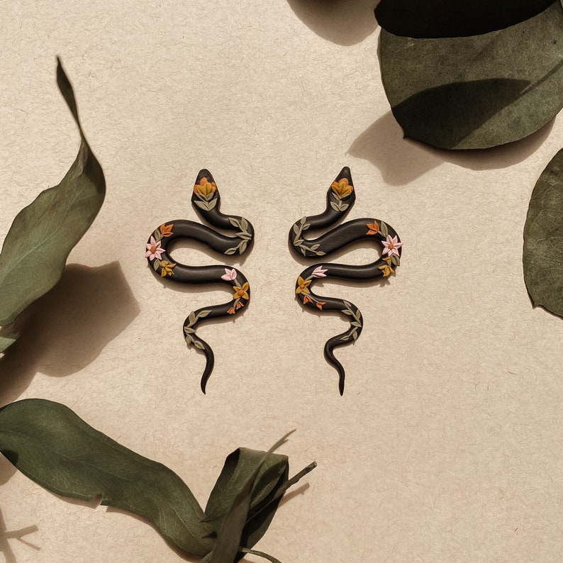 Snake Earrings Folk Flower Polymer Clay Nickel Free Hypoallergenic image 1