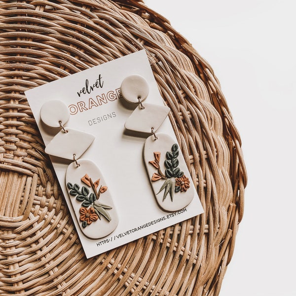 Handmade Polymer Clay Earrings | Floral Geometric | Irish Cream | Nickel Free