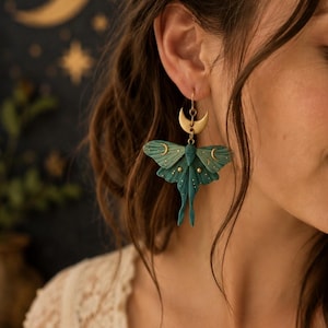 Cosmic Moth Earrings | Celestial Polymer Clay Earrings | Customizable | Crescent Moon Earrings | Luna Moth Jewelry | Nature Inspired Gift