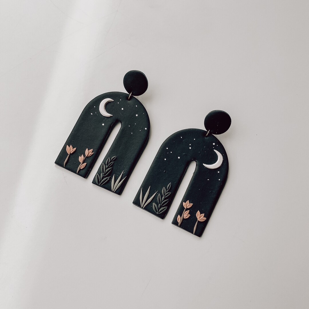 Handmade Polymer Clay Earrings Moon Garden Black Arch Etsy